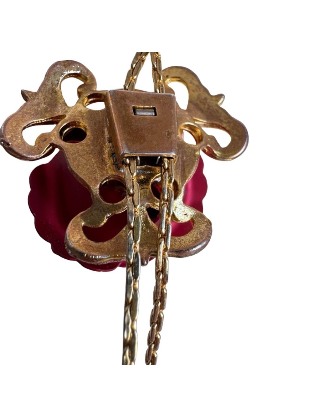 Vintage Red Rose Bolo Tie Lariat Necklace Gold Tone Chain Floral Pendant Jewelry - Picture 9 of 16